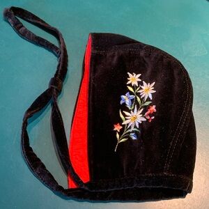 Vintage little girl’s black velvet, embroidered HAT from SWITZERLAND. w/ history